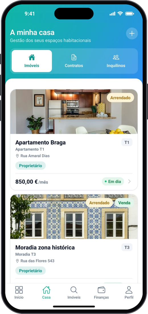 Ecrã Casa da app Habitando: lista de imóveis com estado do arrendamento