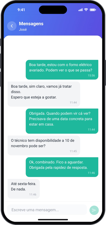 Ecrã de mensagens entre proprietário e inquilino
