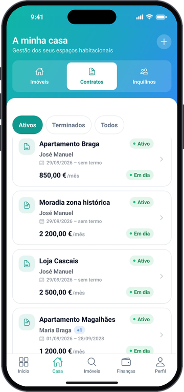 Ecrã de contratos da app Habitando