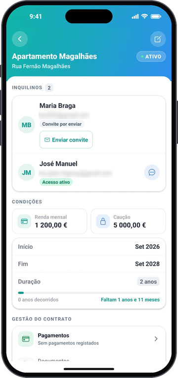 Ecrã de um imóvel com os inquilinos convidados