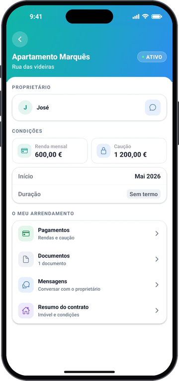 Ecrã do arrendamento visto pelo inquilino