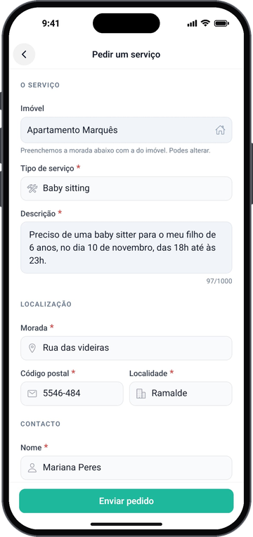 Ecrã de pedido de serviço