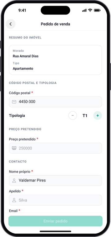 Ecrã de pedido de venda de imóvel